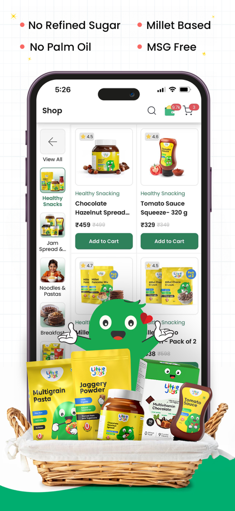 Little Joys: Kids Health App - Little Joys app shopping interface showcasing healthy millet-based snacks and nutrition products for children.