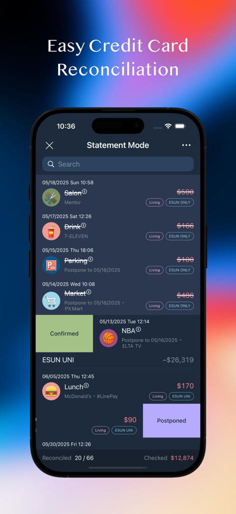 MOZE - Interfaz de la aplicación MOZE para iPhone que muestra la conciliación de tarjetas de crédito en modo de extracto