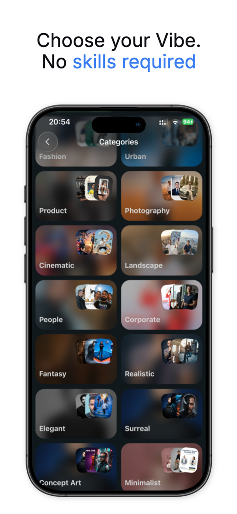 Bose - AI Photo Generator - A mobile screen showing various AI photo generation styles like Corporate Cinematic and Fantasy categories