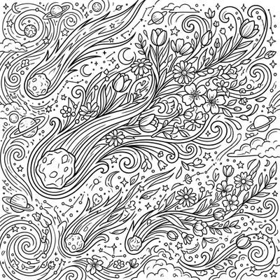 Experience the wonder of the cosmos meeting the beauty of spring with this extraordinary coloring page. Watch as short-period comets streak across the sky, their tails bursting into vibrant floral arrangements amidst a starry, swirling universe.