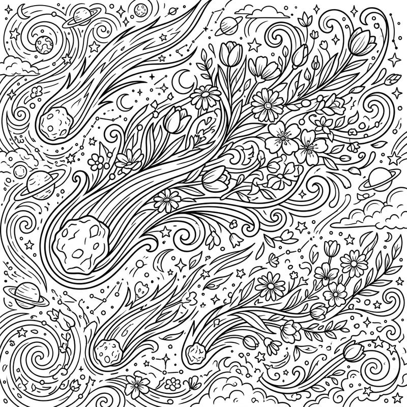 Experience the wonder of the cosmos meeting the beauty of spring with this extraordinary coloring page. Watch as short-period comets streak across the sky, their tails bursting into vibrant floral arrangements amidst a starry, swirling universe.
