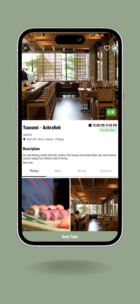 Waitlist: Restaurants Booking - Interfaccia dell'app Waitlist che mostra il profilo di un ristorante giapponese con foto di sushi e un pulsante per prenotare un tavolo.