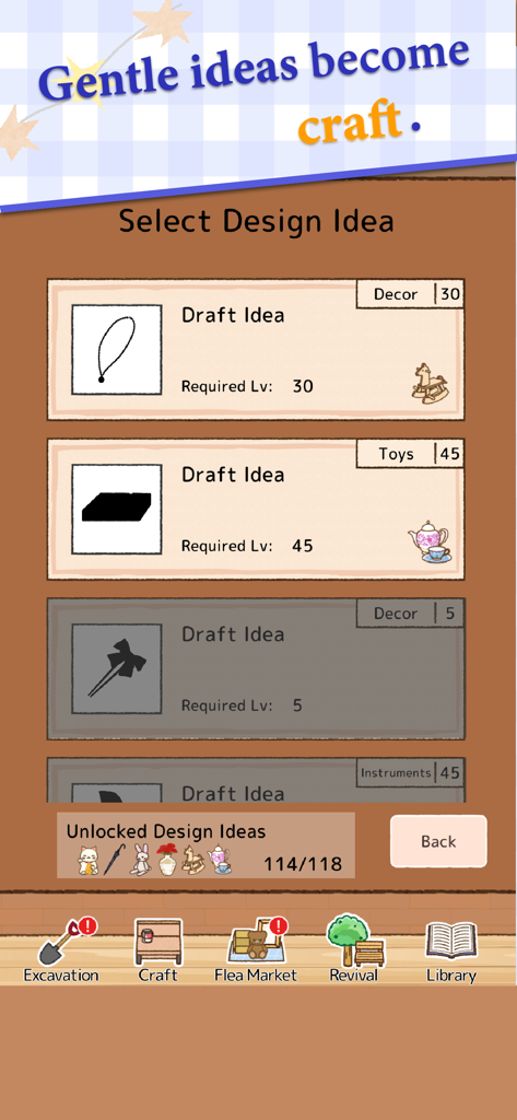 Treasure Flea Market: Cozy Sim - Treasure Flea Market ゲームの画面。クラフトするさまざまなアイテムのシルエットが表示された「デザインアイデアを選択」メニューが表示されています。