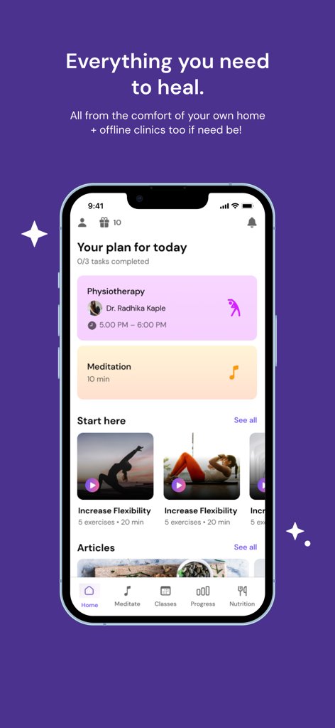 FlexifyMe app interface displaying a daily health plan with physiotherapy and meditation sessions
