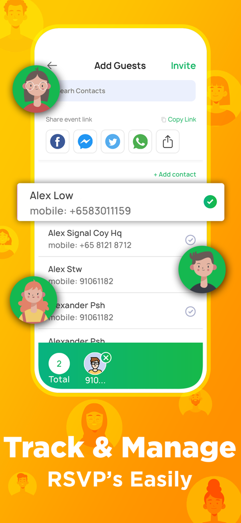 Invitation Maker app interface for tracking and managing event RSVPs with a contact list and social sharing options