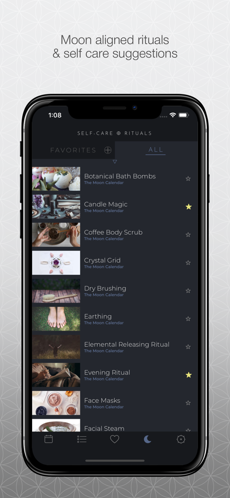 The Moon Calendar - Un menú de rituales de autocuidado alineados con la luna que incluyen magia con velas y bombas de baño botánicas en la aplicación El Calendario Lunar.