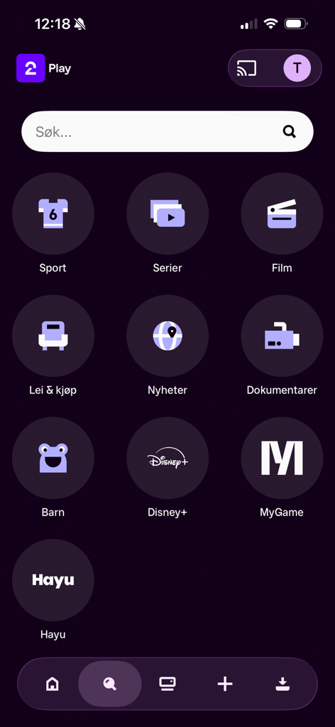 TV 2 Play - TV 2 Play app search screen showing content categories like sport series and movies