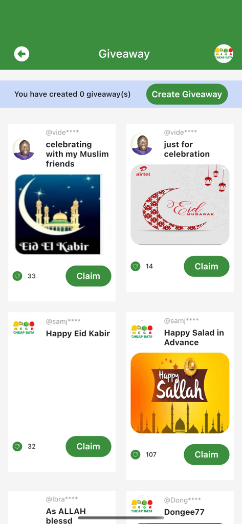 La pantalla de sorteo de la aplicación MEGA Datos Baratos mostrando varias publicaciones de recompensas comunitarias y botones de reclamación.