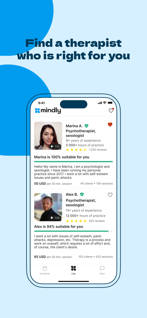 Mindly Therapy app screen displaying a list of qualified therapists with profile videos, ratings, and bios