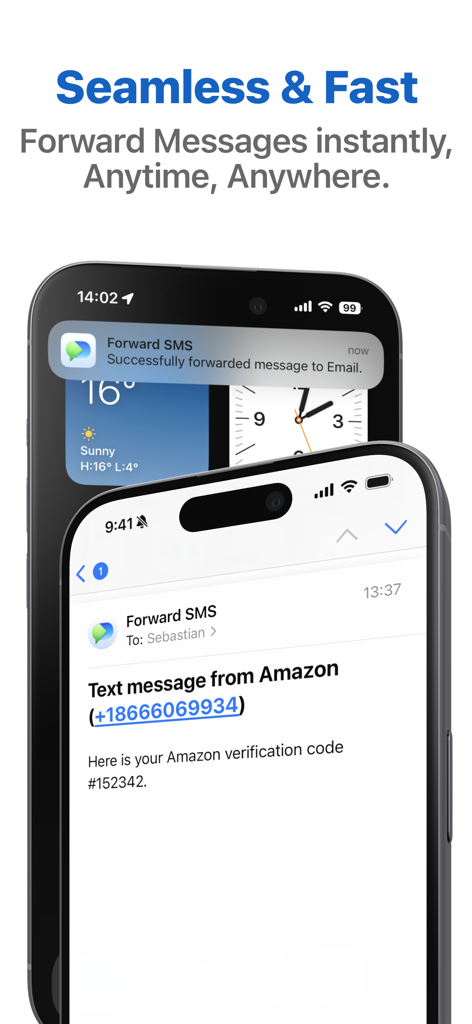 SMS Forwarder: Forward SMS - iPhone showing an automated SMS forward notification for an Amazon 2FA verification code