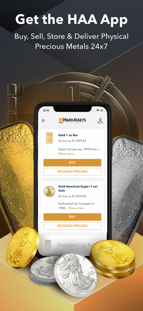 Hard Assets Alliance - Promotional graphic for the Hard Assets Alliance mobile app showing physical gold and silver coins and bars on a smartphone screen