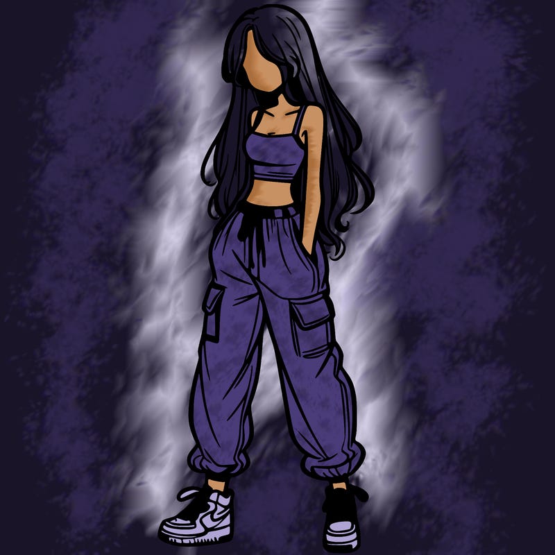 girl in baggy pants crop top and long hair