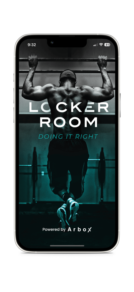 LOCKER ROOM TLV - Pantalla de inicio de la app Locker Room TLV mostrando a una persona haciendo dominadas con el texto Doing It Right