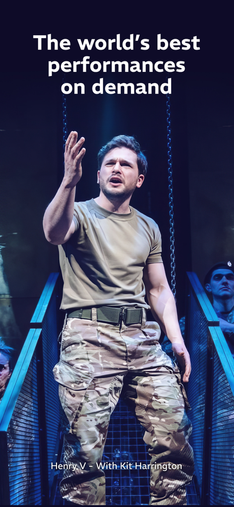 Kit Harrington performing in a stage production of Henry V on the Marquee TV app