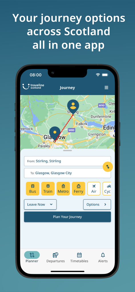 Traveline Scotland - Traveline Scotland mobile app interface for planning multi-modal journeys across Scotland