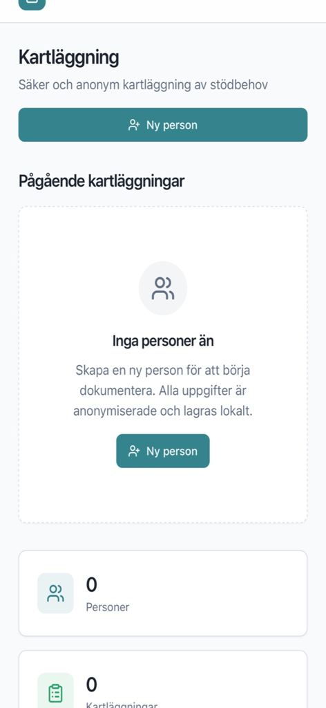 Interface of the KartläggningsAppen medical tool showing the start screen for mapping support needs