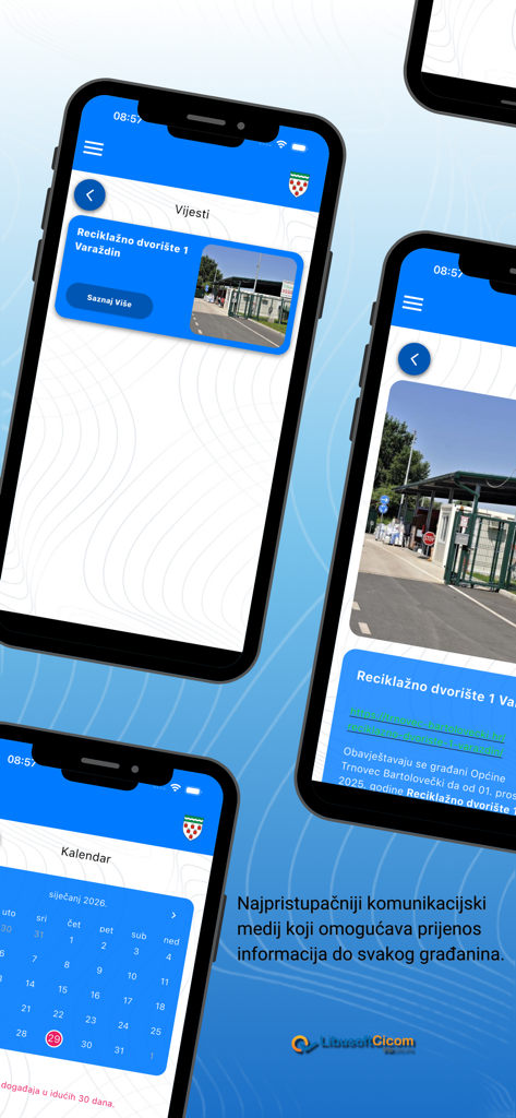 Moj Trnovec Bartolovečki - Capturas de pantalla de la interfaz de la aplicación móvil Moj Trnovec Bartolovečki mostrando noticias y un calendario comunitario para ciudadanos.