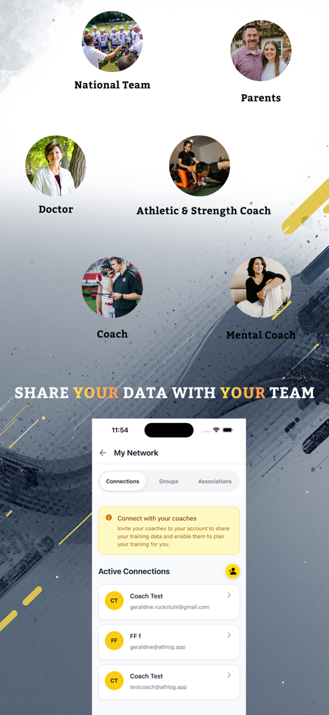 Athlog - Athlog app interface for sharing performance data with coaches and support teams