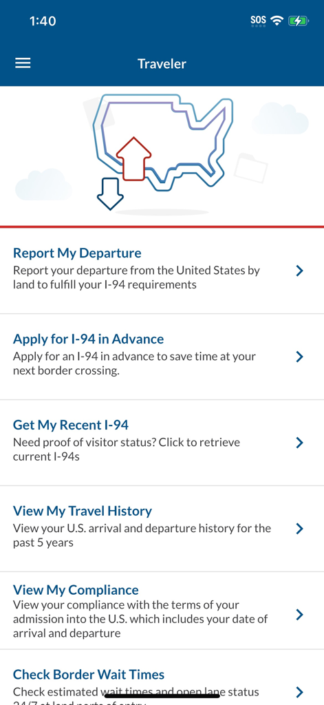 CBP Link App Reisemenü mit Optionen für I-94-Anträge und Grenzwartzeiten