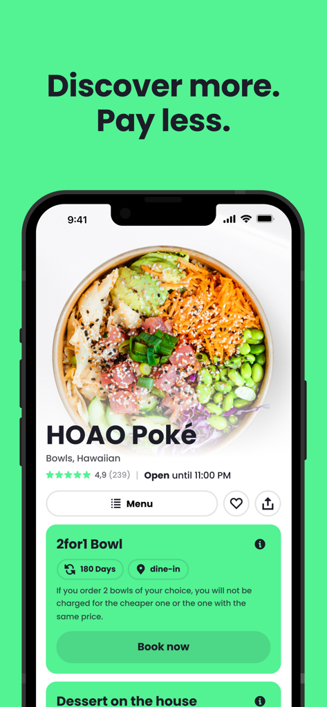 NeoTaste - NeoTaste mobile app interface showcasing a 2-for-1 bowl deal for a Hawaiian restaurant