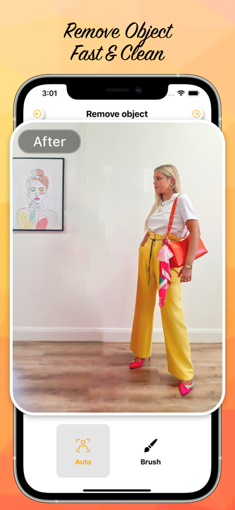 App screenshot showing a woman with a clean photo background after using an AI object removal tool