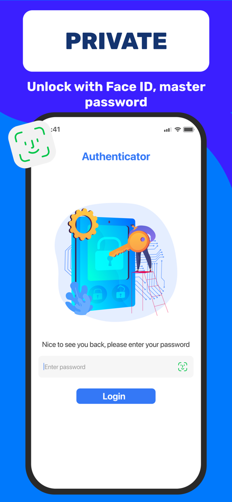 Authenticator App 2FA - Écran de connexion de l'application Authenticator montrant les options de déverrouillage par Face ID et mot de passe maître