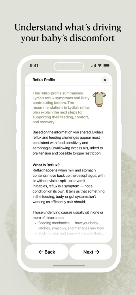 Baby Reflux Guide - A mobile app screenshot showing a personalized reflux profile that explains infant discomfort causes and symptoms