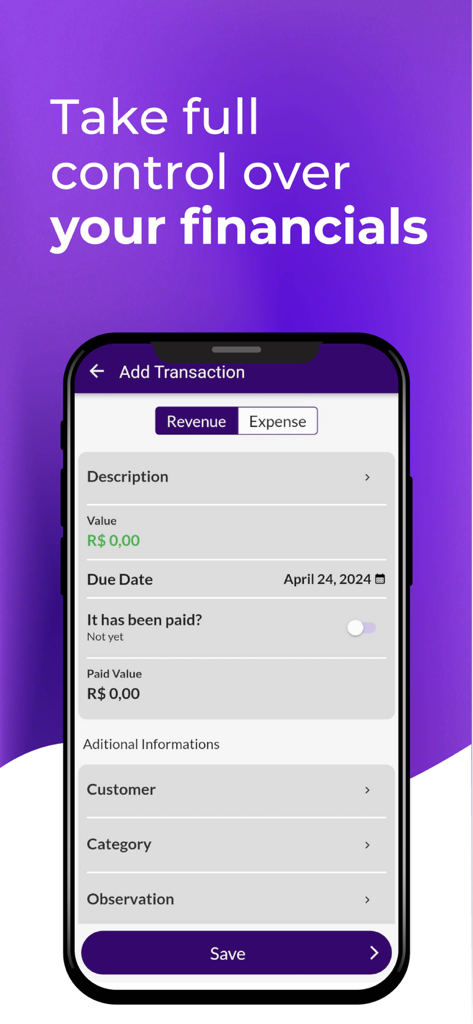 Jarbas: POS, Sales & Stock - 비즈니스 수익 및 비용 거래를 추가하기 위한 모바일 앱 화면