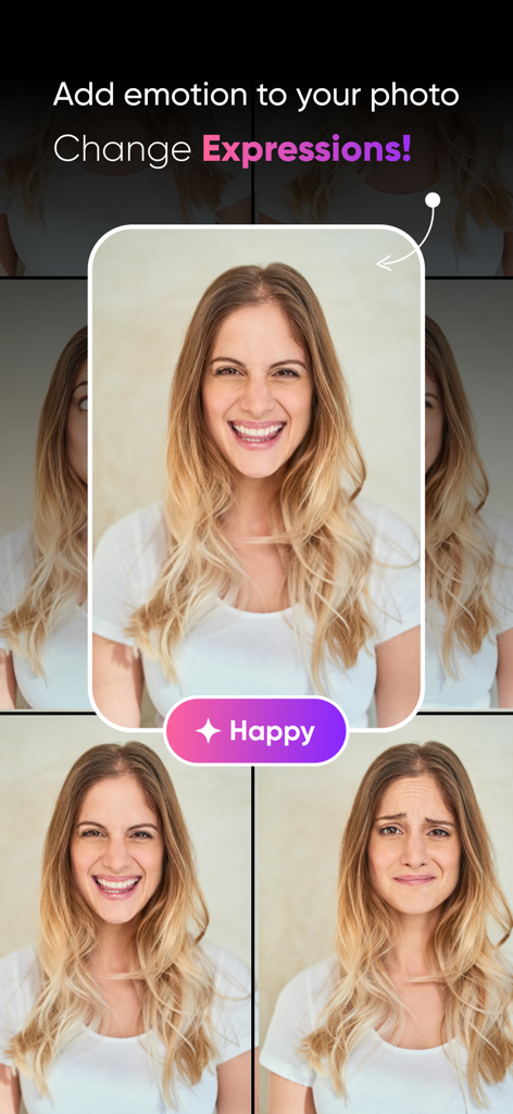Hair Color Changer : AI Hair - Herramienta de cambio de expresiones faciales con IA que muestra a una mujer con emociones felices y tristes en la aplicación de cabello.