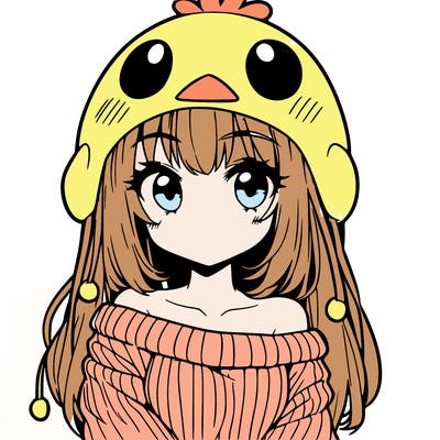 anime girl with chick shaped hat with sweater with bare shoulders with bangs covering them one eye with low tail