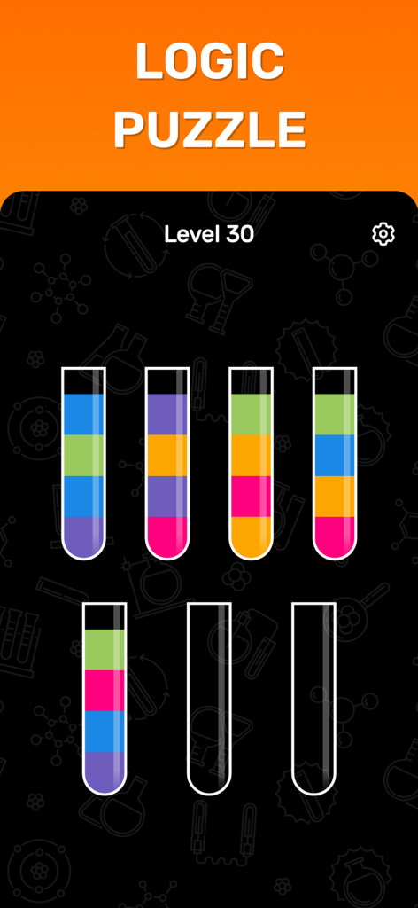Water Sort Puzzle - Get Color - Captura de tela do gameplay de Water Sort Puzzle, nível trinta, mostrando tubos de ensaio cheios de vários líquidos coloridos
