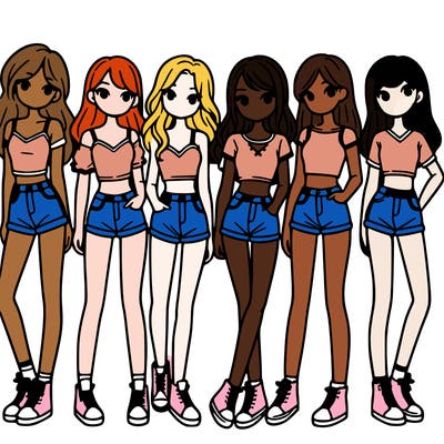a group of girls wearing crop tops and shorts