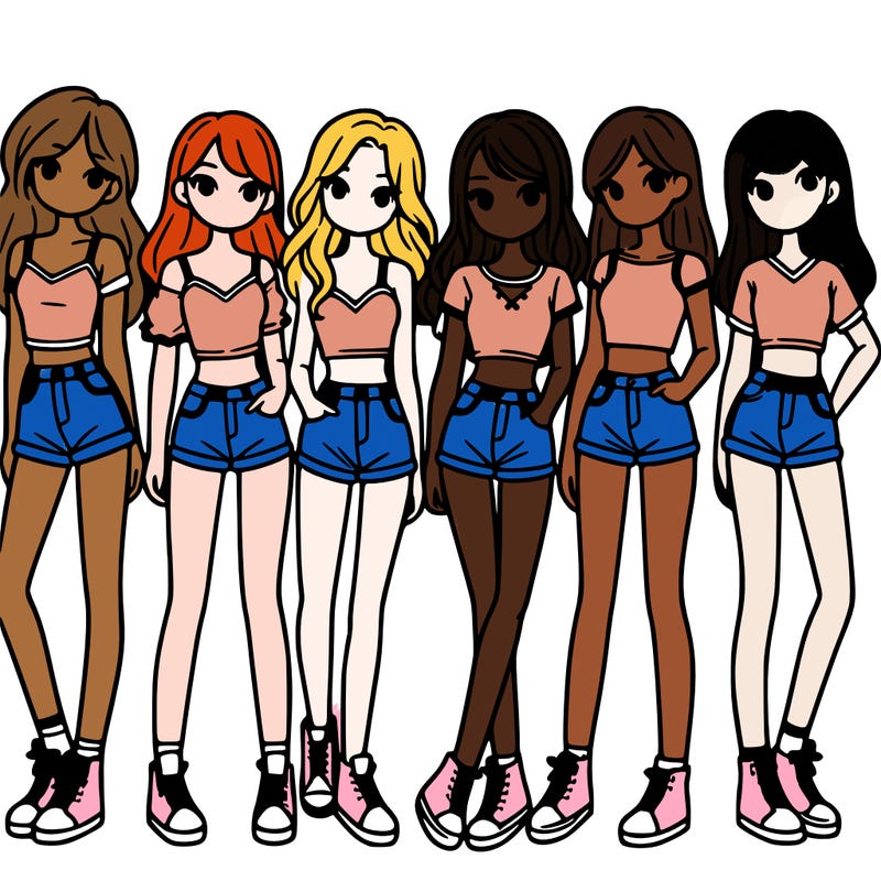 a group of girls wearing crop tops and shorts