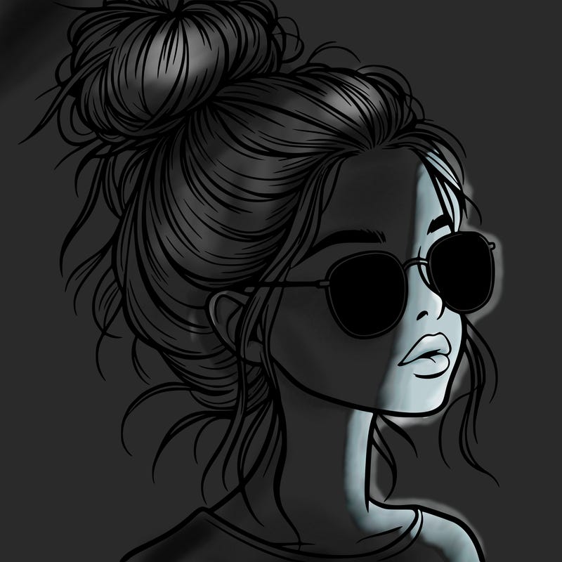 a realistic looking girl with sunglasses and a high messy bun