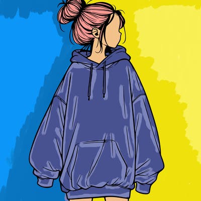 realistic girl with a oversized sweatshirt on and a bun