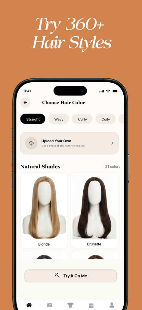 HueCheck: Color Analysis AI - A mobile screen showing virtual hair color options including blonde and brunette shades in the HueCheck app