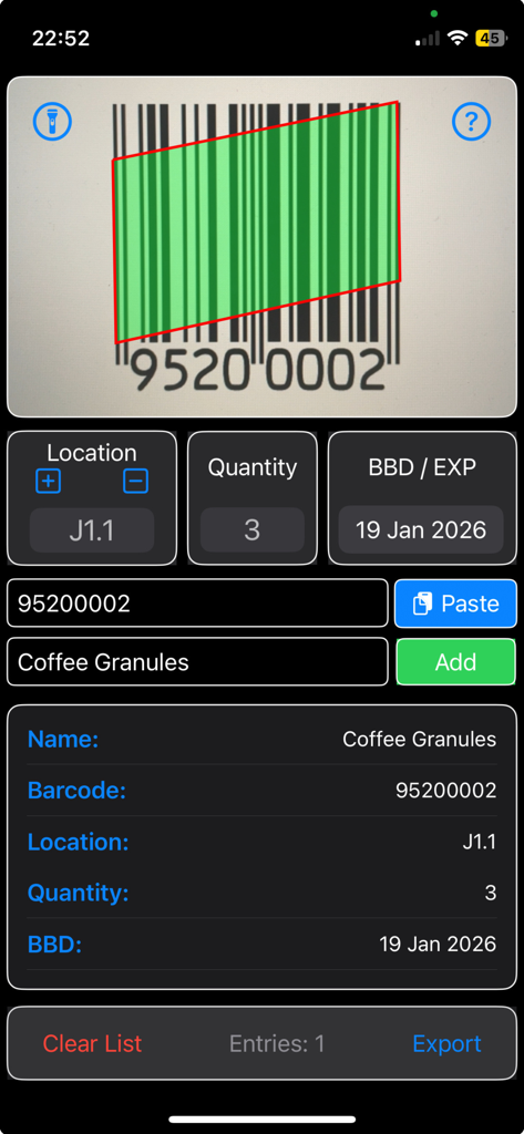 LogiScan - LogiScan 앱 인터페이스가 재고 관리 및 만료일 추적을 위한 바코드 스캔을 보여줌