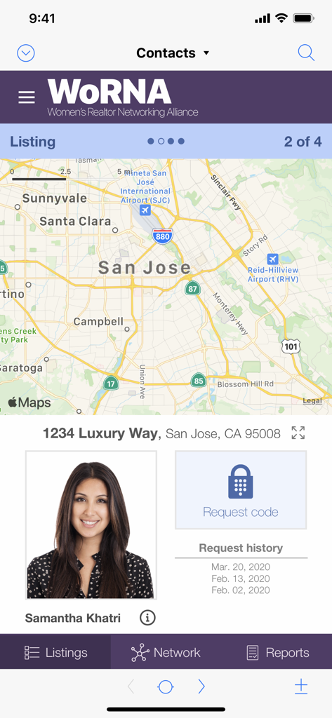 Claris FileMaker Go 2024 - Custom real estate listing app on iPhone showing a map and contact profile for Samantha Khatri