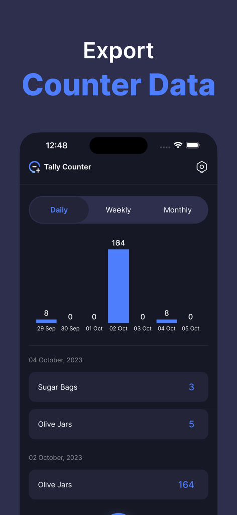 Tally Counter ۬ - Tally Counter app showing daily count analytics with a bar chart and itemized history of counted objects