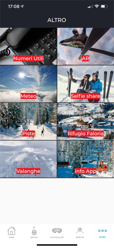Screenshot del menu dell'app Cortina Faloria Cristallo con riquadri per bollettini meteo valanghe e condivisione selfie.