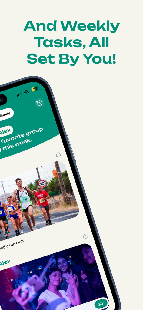 TryMe: Truth Or Dare - Bildschirm der TryMe-App mit wöchentlichen Gruppenaufgaben mit Foto- und Videobeweisen
