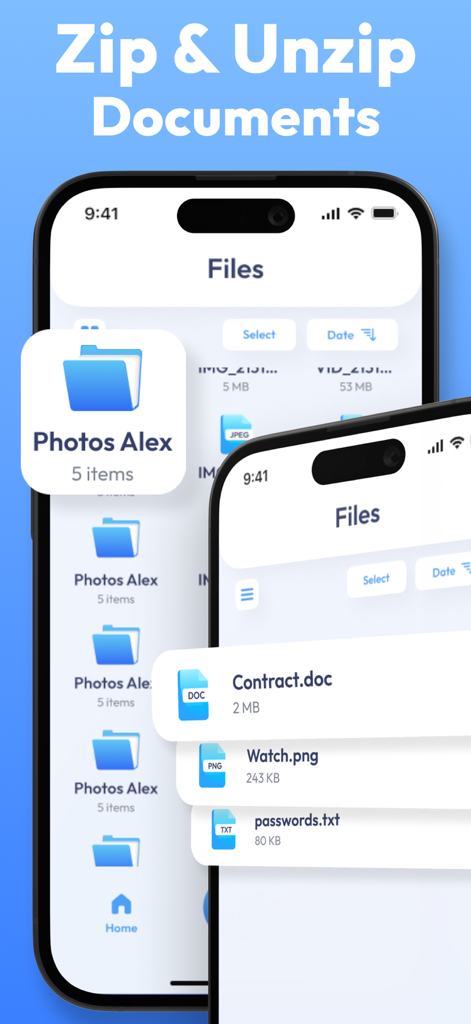 Unzip: Zip File Opener, Unrar - Unzip app interface for managing and extracting document files on iPhone