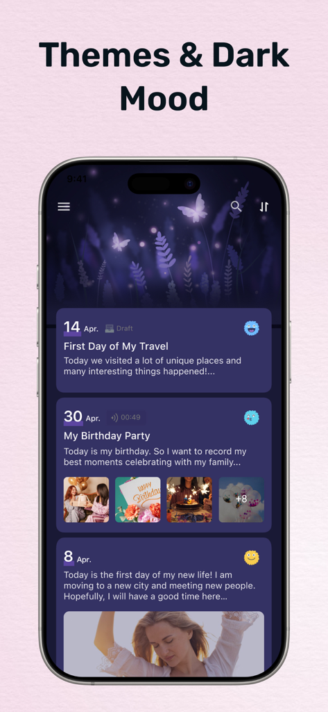 Interfaz de la aplicación Mi Diario que muestra el tema de modo oscuro con fondo de mariposas y entradas de diario personales.