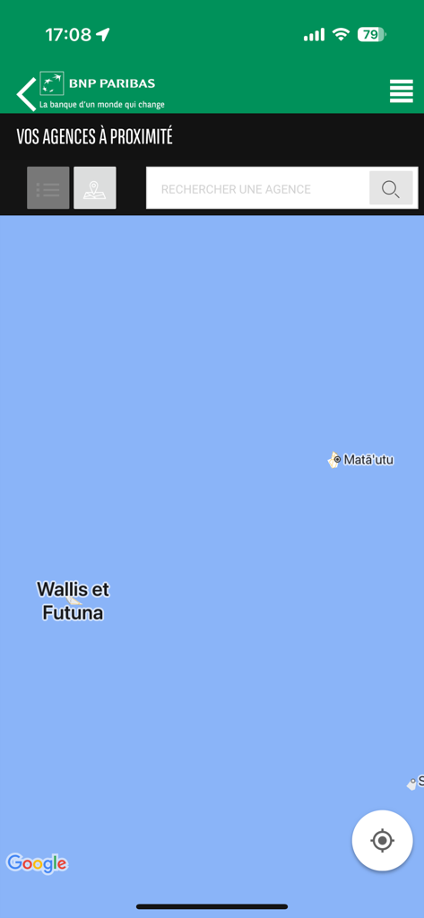 Map interface of the Banque Wallis et Futuna app showing branch locations in Matautu