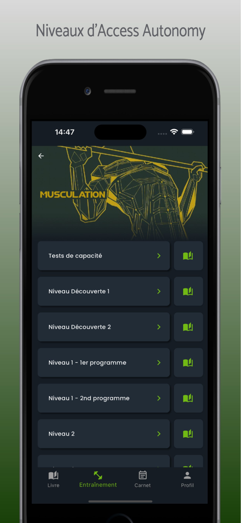 Méthode Lafay 2A - Interface of the Methode Lafay 2A app showing workout levels and discovery programs
