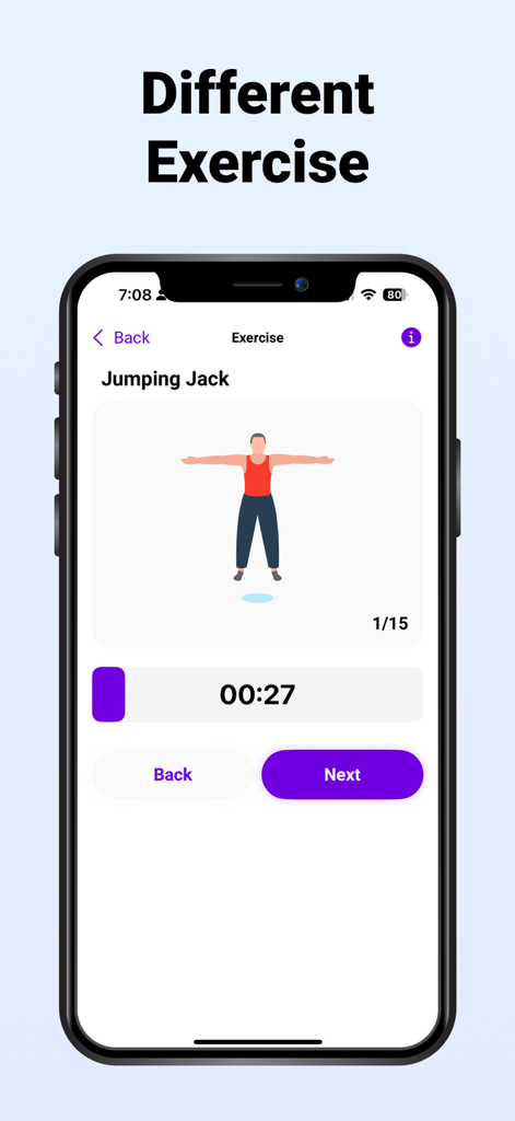 Six Pack in 30 Days - Core Abs - Mobile app screen showing a jumping jack exercise with a 27-second timer for a 30-day fitness challenge.
