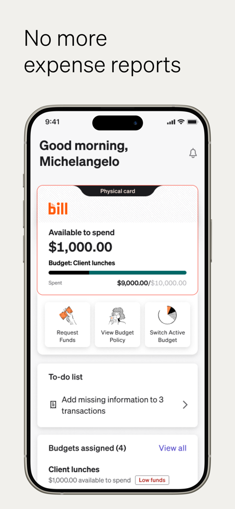 BILL Spend and Expense app interface showing available funds and real-time budget tracking