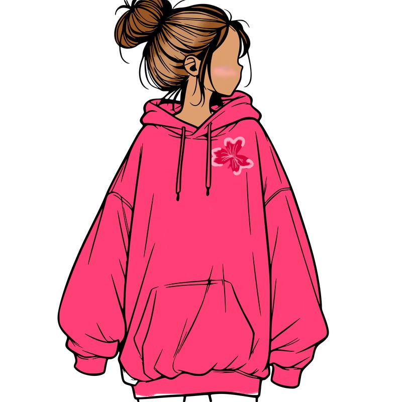 realistic girl with a oversized sweatshirt on and a bun