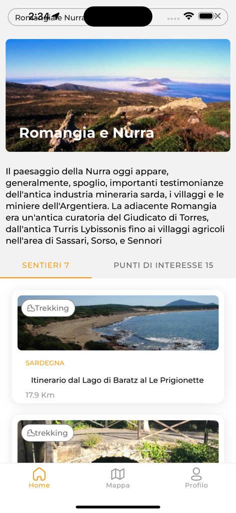 Sardegna Sentieri - Sardegna Sentieri app interface displaying trekking routes and hiking information for the Romangia and Nurra area.