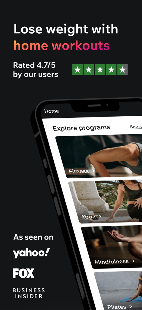 Hoola app home screen showing various fitness yoga and mindfulness programs for home workouts with a 4.7 rating